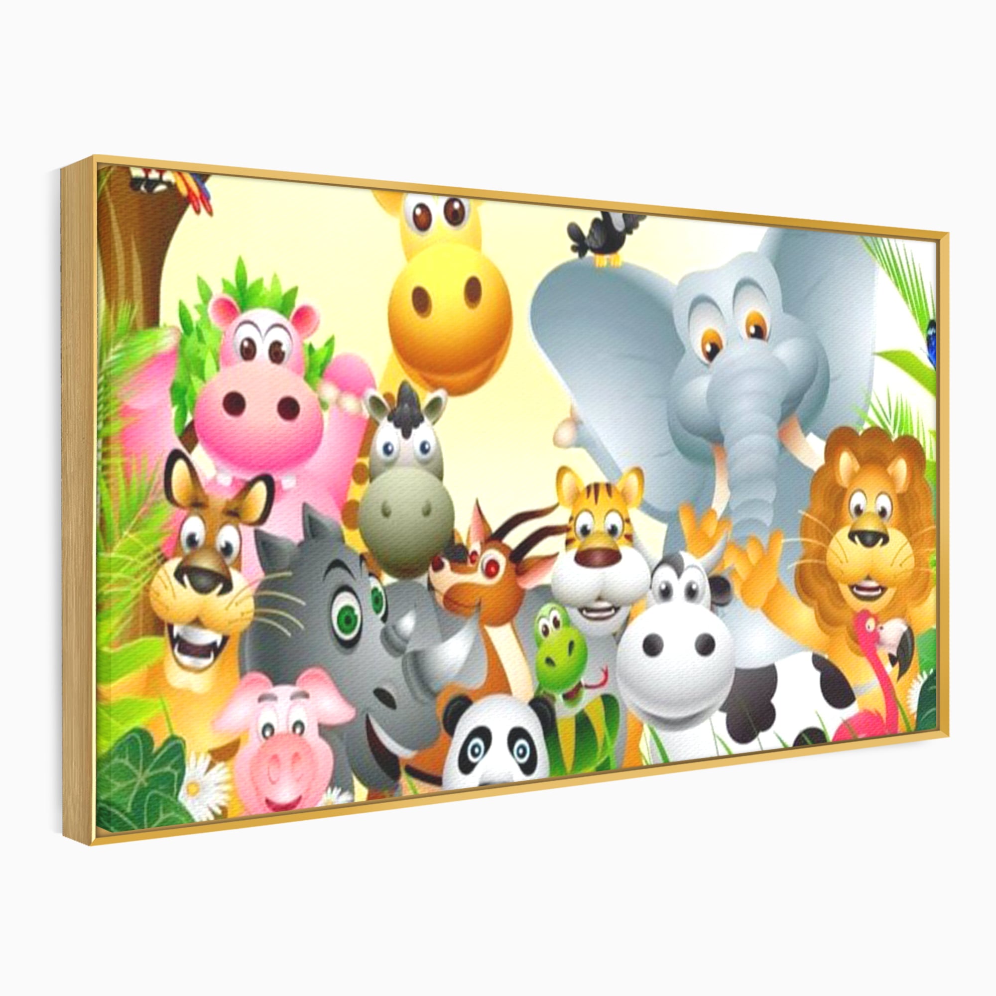 Tablou canvas cu tablou canvas cu animale din jungla, in rama de aluminiu auriu
